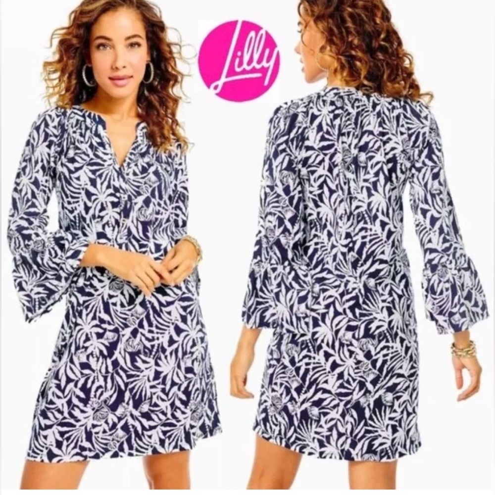 Lilly Pulitzer Med Navy FLOCKING TO PARADISE NORRIS DRESS Ruffle 3/4Sleeve